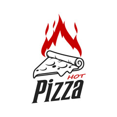 Pizza icon with fire flame, pizzeria or Italian restaurant vector symbol of pizza slice. Pizzeria and fast food pizza bar emblem for oven baked pizza with cheese melt drip, homemade pizzeria sign