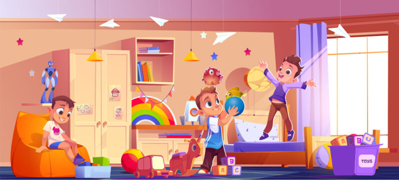 Kid bedroom interior with boys character cartoon vector background. Child home playroom with toy indoor illustration. Kindergarten friends in apartment with book shelf and sticker on wall design