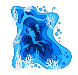 Diver in underwater paper cut of sea landscape, turtle and seaweeds silhouette, vector ocean bottom. Undersea diving in papercut, scuba diver with aqualung in underwater deep with turtle and jellyfish