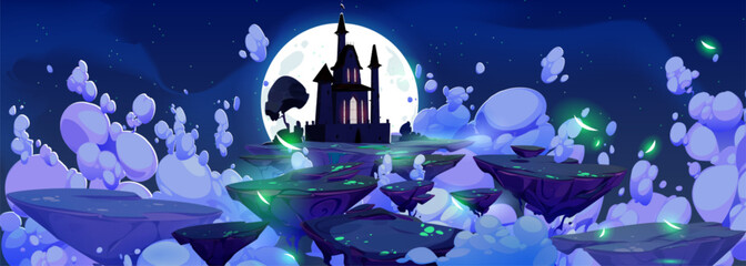 Fantasy sky road to magic castle vector background. Medieval kingdom fairytale landscape illustration at night. Halloween fortress silhouette with cloud and moonlight. Mystery floating rock island