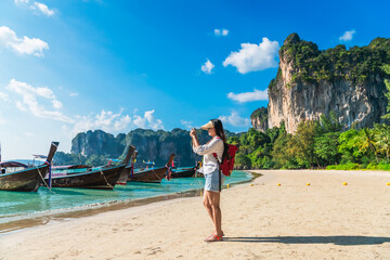 Traveler woman on vacation beach joy nature view scenic landscape Lailay beach Krabi, Attraction famous popular place tourist travel Phuket Thailand summer holiday trip, Beautiful destination Asia