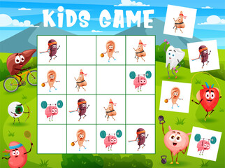 Sudoku kids game cartoon human organs sportsman characters. Vector educational quiz with healthy nose, spleen, ear and brain in boxes. Boardgame puzzle task, children teaser for leisure recreation