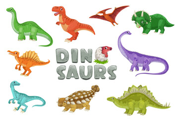 Cartoon dinosaur characters. Prehistoric reptile, Jurassic era comic dino. Tarbosaurus, Brontosaurus, Triceratops and Pterodactyl, Pteranodon, Spinosaurus, Diplodocus dinosaur vector funny personages