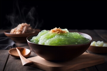 a bowl of ice cendol with pandan and coconut flavors