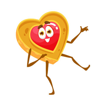 Cartoon cookie funny character, biscuit heart with cute face, vector emoji emoticon. Cookie heart with jelly jam or sweet biscuit dancing with cheerful face, hands and legs, bakery and pastry food