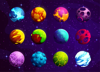 Cartoon alien fantasy space planets. Vector colorful fantastic galaxy ui game asteroids. Cosmic world objects with holes, frozen ice, pimples, green toxic goo, craters and glowing lava on surface