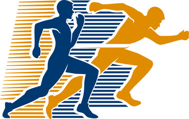 Marathon competition, run sport graphic icon. Fitness club, running race or sport competition, athletic championship vector sign. Gym symbol or emblem with sprinting man, finishing athlete silhouettes