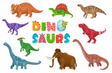 Cartoon dinosaur characters. Dino personages. Centrosaurus, Dimetrodon, Iguanodon and Plateosaurus, Parasaurolophus, Tarbosaurus dinosaurs, paleontology reptile vector funny mascots, extinct lizard