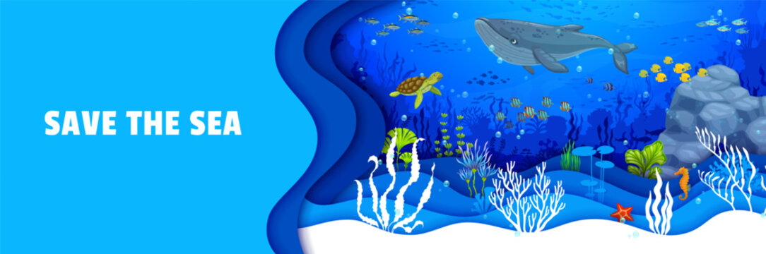Cartoon sea paper cut landscape. Whale and turtle, fish shoal and seahorse, tropical seaweeds and coral reefs create colorful underwater world that sparks the imagination. Vector save ocean banner