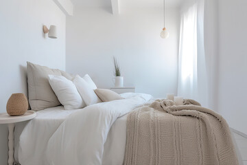 Bedroom in Mediterranean style with minimalist staging and clean colors. Home decoration concept. Generative AI