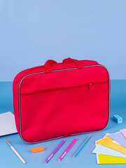 Red briefcase folder for documents and school items on a bright blue table next to stationery