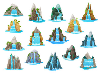 Cartoon waterfall and water cascade game asset. Isolated vector falling streams, pure liquid jets. River fall from rock or mountain, natural waterfall cascade ui or gui design element