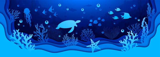 Underwater paper cut, sea landscape with turtle and jellyfish, seaweeds and fish shoal, vector silhouette papercut. Undersea world or ocean coral reef landscape in paper cutout layers background