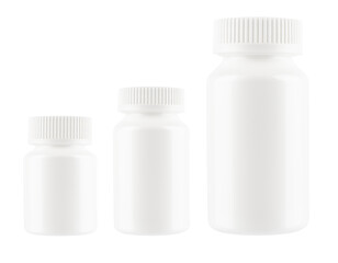 A row of three different size pill bottles isolated on transparent background