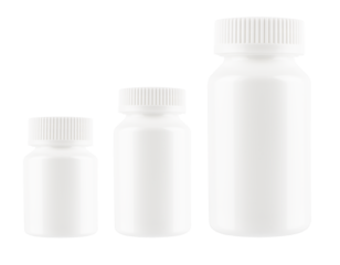 A row of three different size pill bottles isolated on transparent background