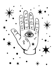 Mystical background. All-seeing eye on the palm of the hand. Vector boho illustration for palmist, numerology and astrology. - 615687764