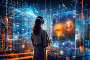 Concept of Metaverse virtual world.  Digital Meteverse banner copy space illustration, Rear view of woman wearing virtual reality headset against night cityscape, ai generative