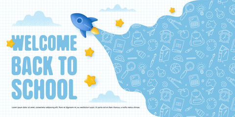 Back to School Concept Horizontal Banner with doodle background and cartoon 3D elements. Vector illustration