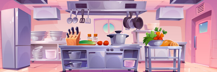 Restaurant kitchen interior for chef cook cartoon vector illustration. Commercial hotel industry modern furniture for food preparation and serving. Modern clean catering equipment in cafeteria