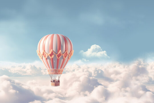 Hot air balloon above clouds. Adventure, travel, journey background. Ai generative. Illustration