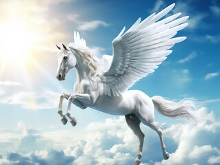 Obraz na płótnie Canvas Flying right - winged unicorn, pure white wings with a little gray tail.