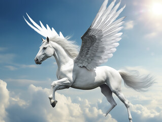 Obraz na płótnie Canvas Flying right - winged unicorn, pure white wings with a little gray tail.