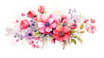 Watercolor floral illustration. bouquet of flowers isolated on white. template for fashion wedding invitation greeting card and wallpaper. Generative Ai. 