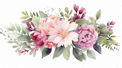 Watercolor floral illustration. bouquet of pink roses. template for fashion wedding invitation greeting card and wallpaper. Generative Ai. 