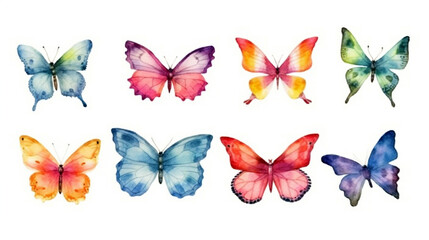 set of colorful butterflies, watercolor. Generative Ai. 