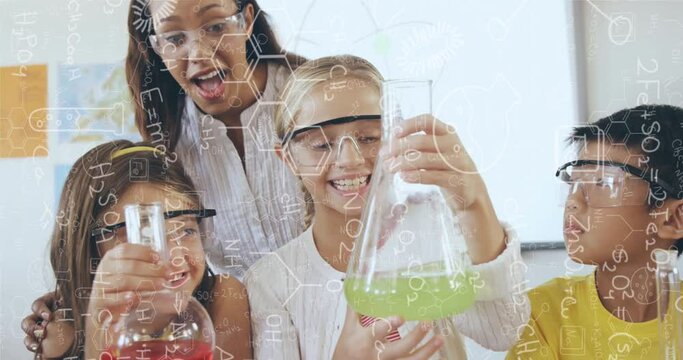 Animation of dna strand, mathematical equations over diverse teacher and children in science class