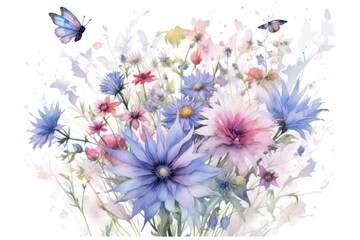 Colorful burst of blue cornflowers and pink flowers