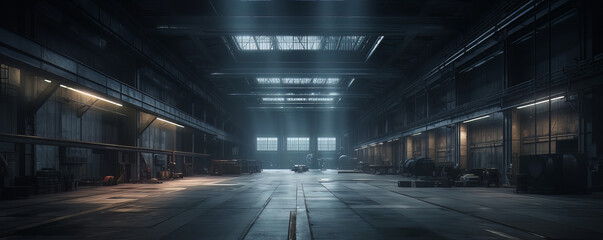 large industrial warehouse background, in the style of dark modernism