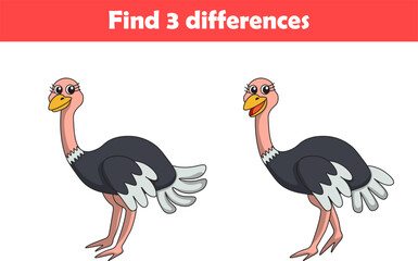 Education game for children find three differences between two ostrich animal cartoon. Vector illustration