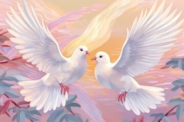 White doves on pastel background symbolize peace. (Illustration, Generative AI)
