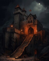 The dungeon is medieval, ominous, stone-walled, and stair-accessible. (Illustration, Generative AI)