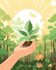 The eco Earth Day concept involves holding a young plant. (Illustration, Generative AI)