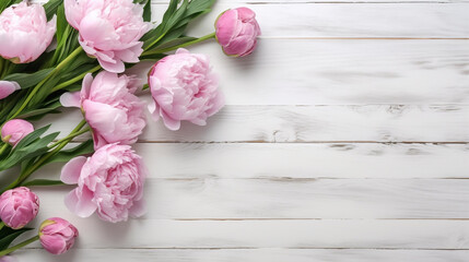 bouquet of pink peonies on a light wooden background. Generative Ai. 