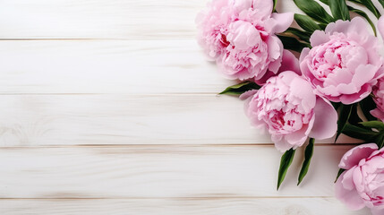 pink peonies on a light wooden background. Generative Ai. 