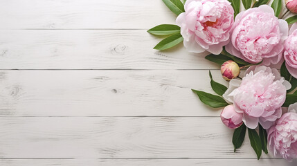 pink peonies on white wooden table top view. Generative Ai. 