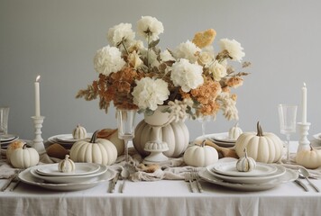 Thanksgiving elegant table setting with pumpkins, generative ai