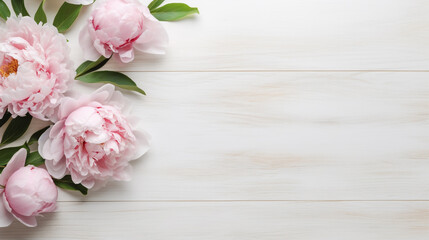 Naklejka na ściany i meble light pink peonies on a white wooden table. Generative Ai. 