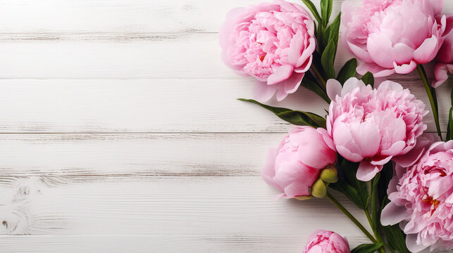 pink peonies on a wooden table. Generative Ai. 