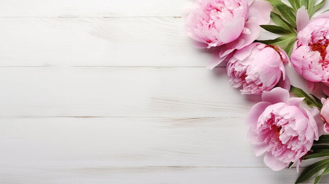 pink peonies on wooden background. Generative Ai. 
