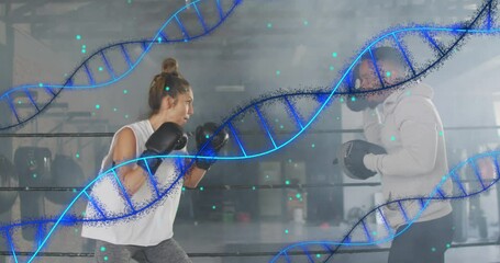 Animation of dna strands and data processing over diverse man and woman exercising in boxing gym - Powered by Adobe
