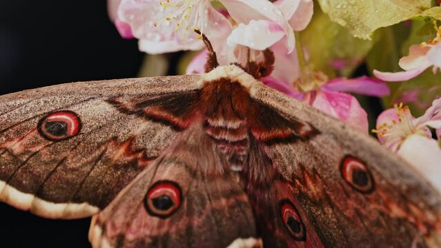 Night butterfly Saturnia pyri, giant peacock moth eating flower on apple branch