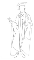 One continuous line of university student celebrating graduation event wearing uniform with Mortarboard. Thin Line Illustration vector concept.