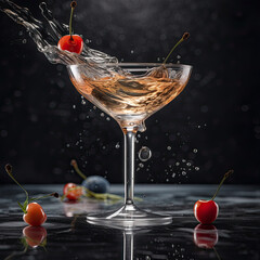 a martini cocktail splashing into the glass with cherrys and cherries in the background stock photo - premium royalty