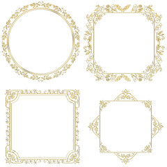 金属の質感のゴールドのバロック調のオーナメントイラストセット・オリエンタル柄飾り罫・飾り囲み｜金色