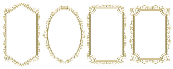 金属の質感のゴールドのバロック調のオーナメントイラストセット・オリエンタル柄飾り罫・飾り囲み｜金色