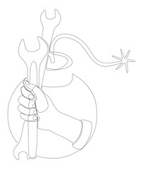 One continuous line of bomb and wrench. Thin Line Illustration vector concept. Contour Drawing Creative ideas.